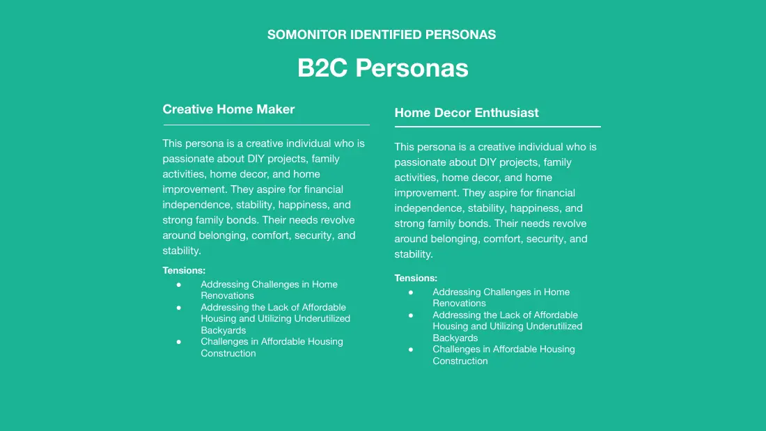 SOMIN persona slide describing the Creative Home Maker and Home Decor Enthusiast B2C personas and their tensions.