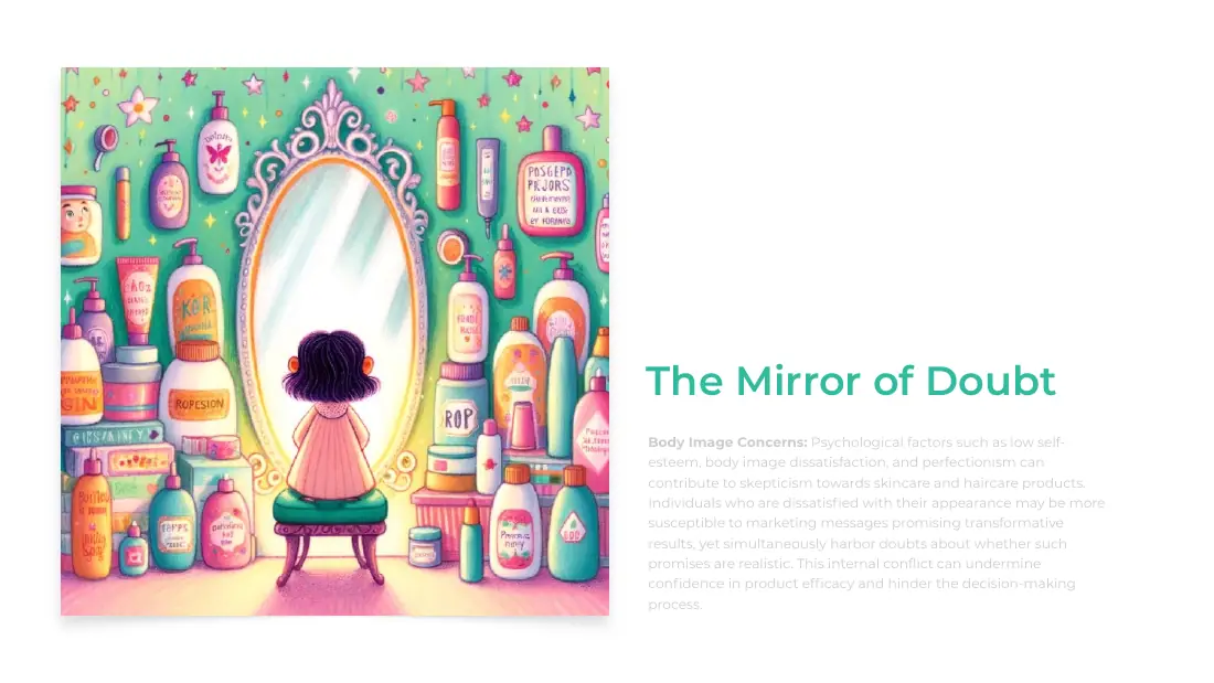 Illustrated story expression titled The Mirror of Doubt: a child seated before an ornate mirror surrounded by skincare and haircare bottles.