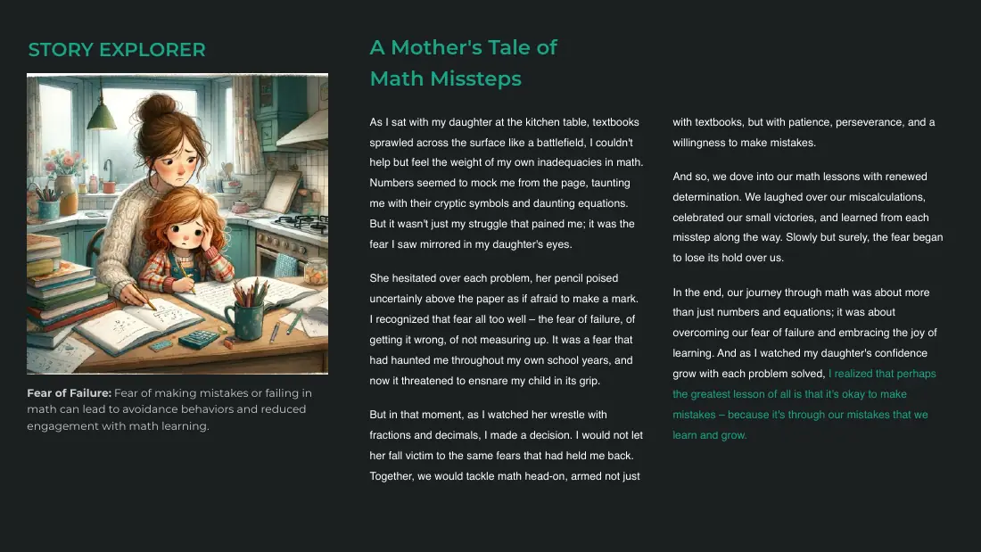 Story Explorer slide with an illustration of a mother and daughter working on maths at a kitchen table, linked to the fear of failure factor.