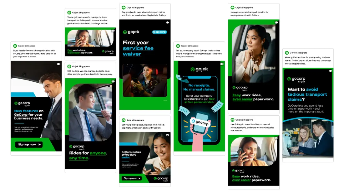 Grid of Gojek Singapore GoCorp ad creatives promoting easy work rides, fewer manual transport claims and a first-year service fee waiver