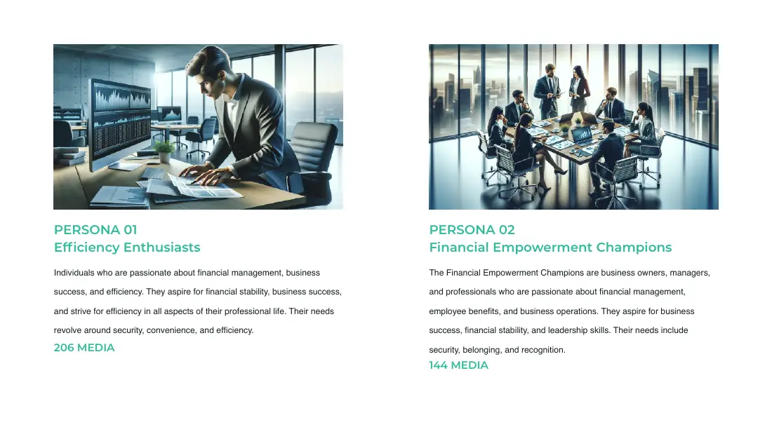 Persona cards for Efficiency Enthusiasts (206 media) and Financial Empowerment Champions (144 media) with illustrated office scenes