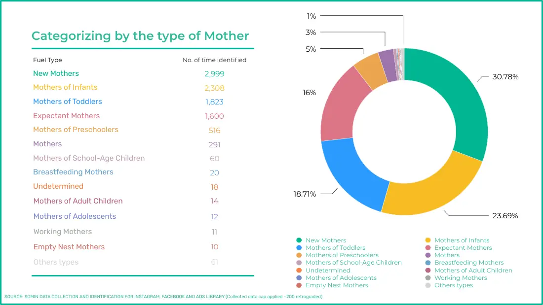 Table and donut chart of content by type of mother, led by new mothers at 2,999 (30.78%), mothers of infants at 2,308 and mothers of toddlers at 1,823.