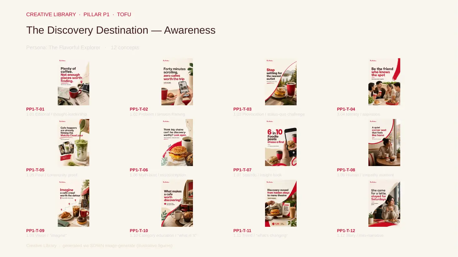 Grid of 12 SOMIN-generated Tim Hortons Singapore ad concepts for The Discovery Destination pillar, showing coffee, donuts and cafe scenes with short headlines