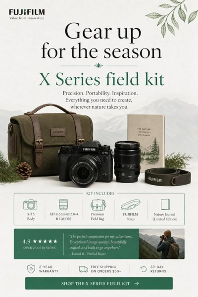 ไทล์คอนเซปต์ BOFU ของ Fujifilm: กระเป๋าชุดอุปกรณ์ภาคสนาม X Series พร้อมเลนส์และอุปกรณ์เสริมวางเรียงกัน พาดหัว ‘Gear up for the season, X Series field kit’