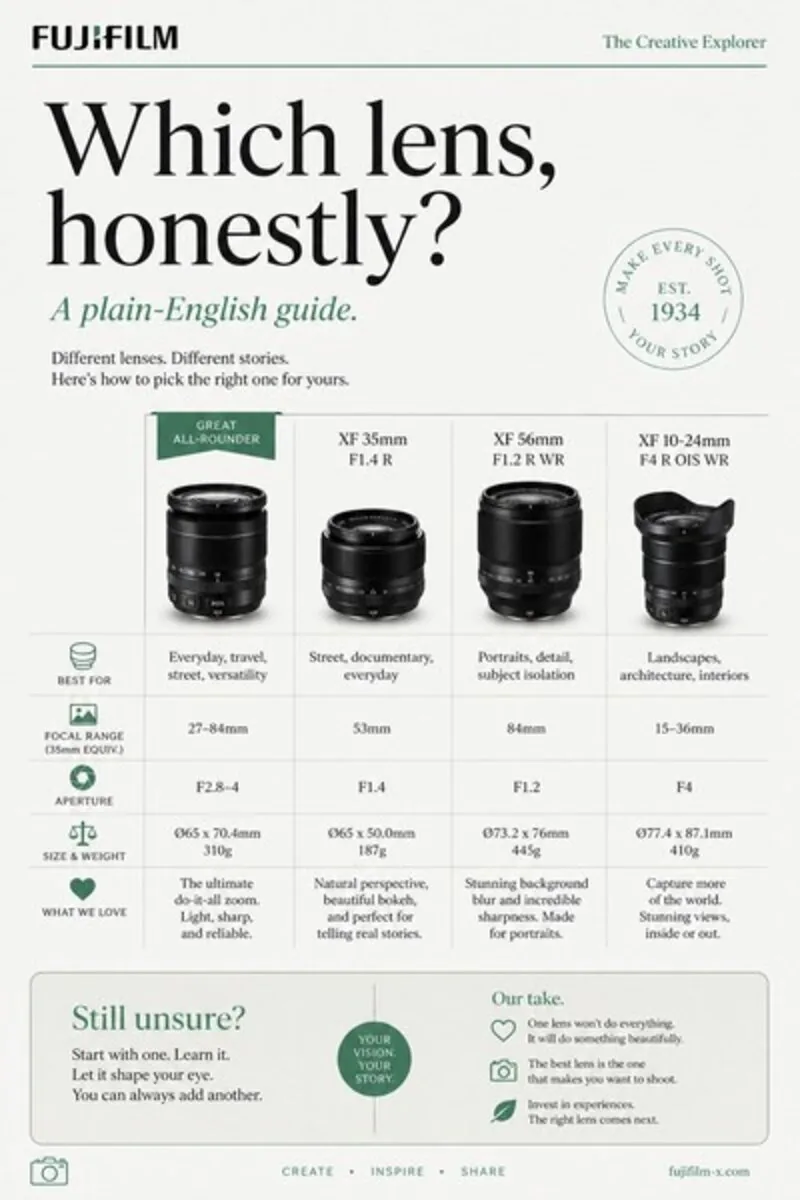 ไทล์คอนเซปต์ MOFU ของ Fujifilm: เลนส์ Fujifilm สี่ตัววางเปรียบเทียบกัน พาดหัว ‘Which lens, honestly? A plain-English guide’