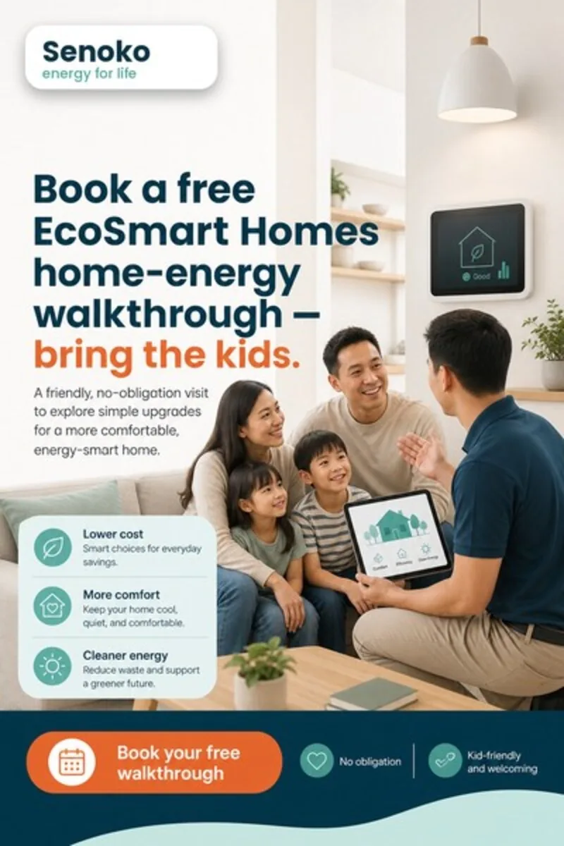 Konsep kreatif Senoko P2-B-01, sebuah keluarga duduk bersama di atas sofa sambil tersenyum ke arah paparan pintar, bertajuk "Tempah lawatan tenaga rumah EcoSmart Homes percuma — bawa anak-anak bersama," daripada konsep peringkat penukaran Pendidikan Iklim-Digital Keluarga & Belia untuk persona The Digital Guardian
