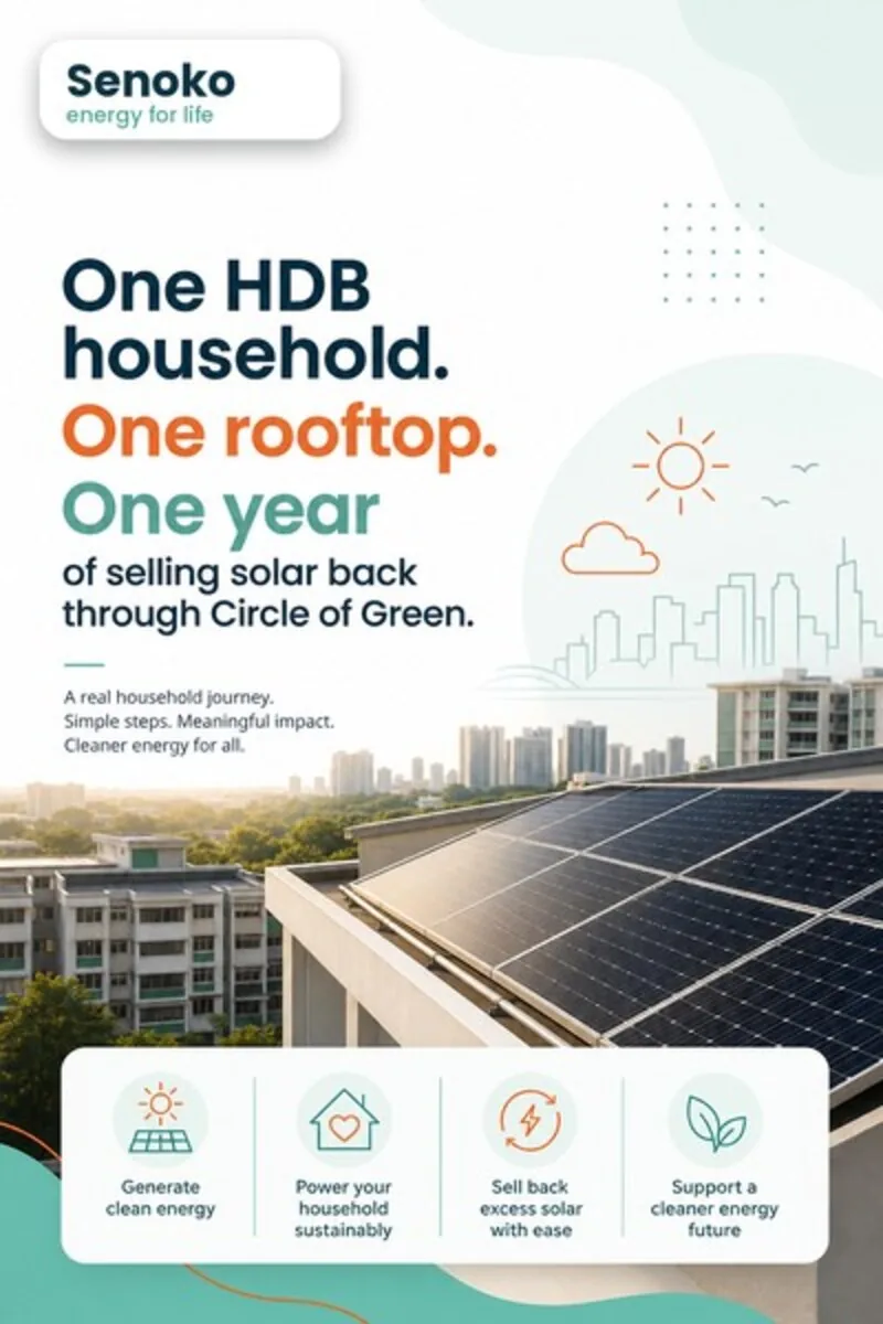 Konsep kreatif Senoko P1-M-03, pemandangan udara bumbung HDB yang dipasang panel solar di atas garis langit Singapura, bertajuk "Satu isi rumah HDB. Satu bumbung. Setahun menjual semula solar melalui Circle of Green," daripada konsep peringkat pertimbangan Penjagaan Alam Sekitar & Pemuliharaan untuk persona The Nature-Seeker