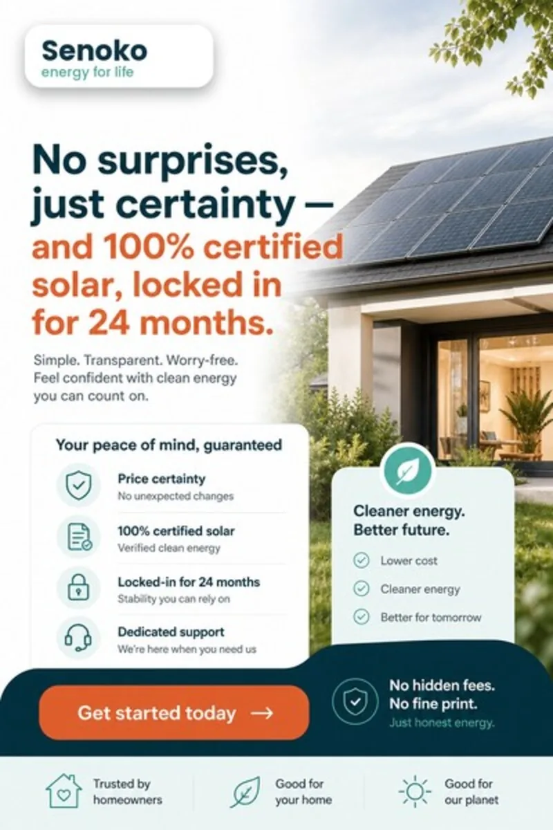 Konsep kreatif Senoko P1-B-03, sebuah rumah dengan panel solar di atas bumbung pada waktu senja di sebelah panel jaminan ketenangan fikiran, bertajuk "Tiada kejutan, hanya kepastian — solar bersijil 100%, dikunci selama 24 bulan," daripada konsep peringkat penukaran Penjagaan Alam Sekitar & Pemuliharaan untuk persona The Nature-Seeker