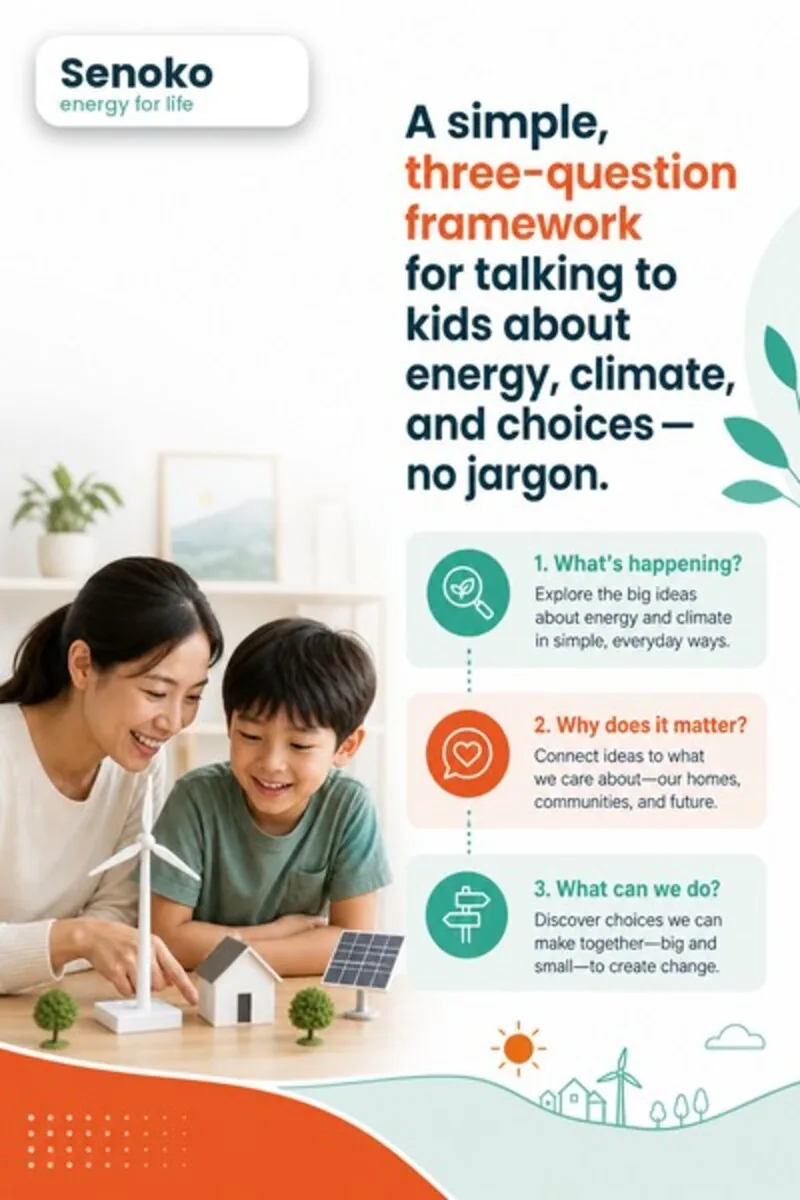 Konsep kreatif Senoko P2-M-02, seorang ibu dan anak lelakinya melihat rumah model dengan turbin angin kecil dan panel solar, bertajuk "Rangka kerja ringkas tiga soalan untuk bercakap dengan anak tentang tenaga, iklim dan pilihan — tanpa jargon," daripada konsep peringkat pertimbangan Pendidikan Iklim-Digital Keluarga & Belia untuk persona The Digital Guardian