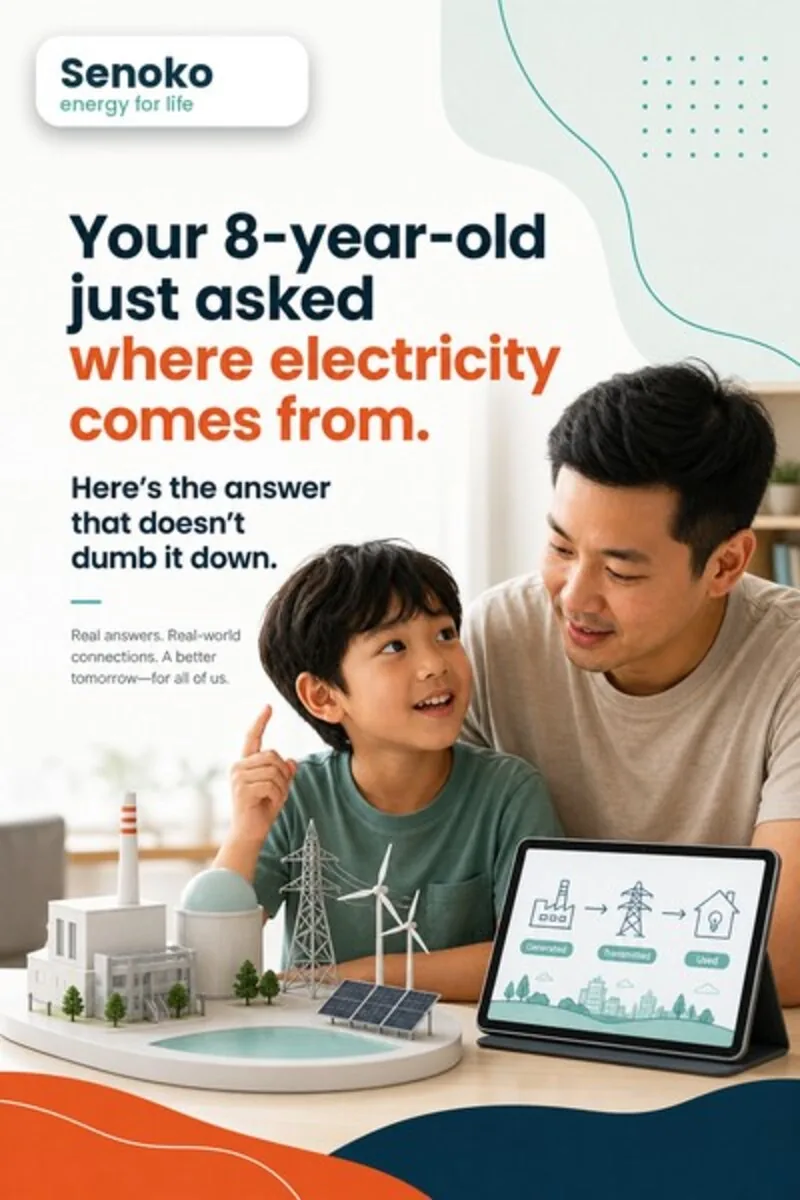 Konsep kreatif Senoko P2-T-02, seorang bapa dan anak lelakinya melihat tablet bersama-sama di rumah, bertajuk "Anak anda yang berusia 8 tahun baru sahaja bertanya dari mana datangnya elektrik. Inilah jawapan yang tidak memperkecilkan kefahamannya," daripada konsep peringkat kesedaran Pendidikan Iklim-Digital Keluarga & Belia untuk persona The Digital Guardian
