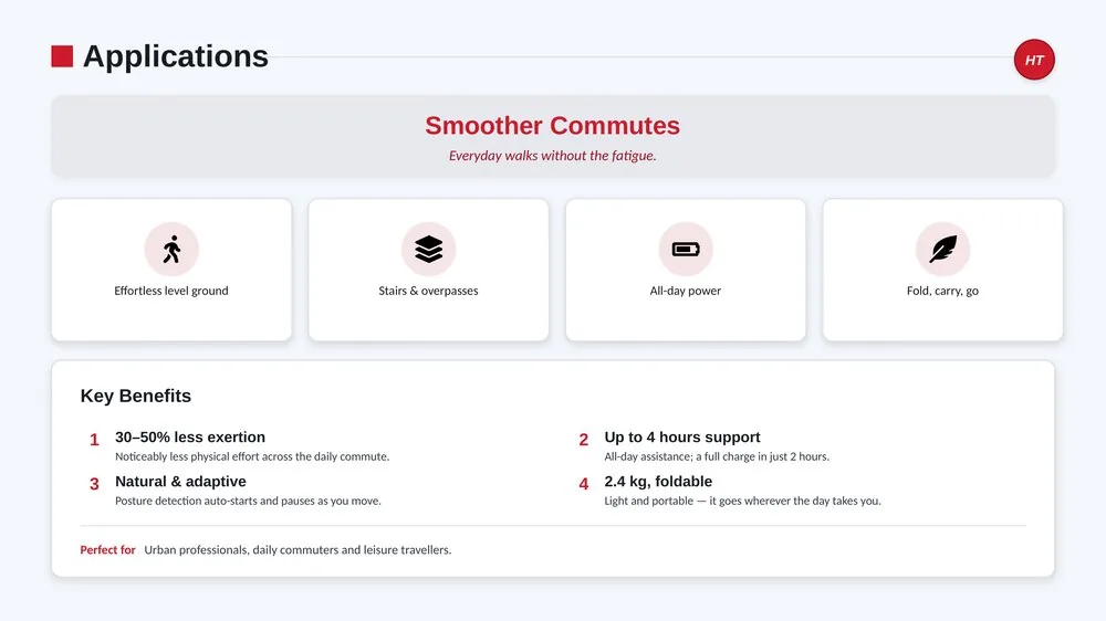 Halaman kegunaan Smoother Commutes daripada taklimat ExoStride Singapura, menunjukkan empat ikon kes penggunaan (tanah rata tanpa susah payah, tangga & jejantas, kuasa sepanjang hari, lipat, bawa, jalan) dan senarai empat mata Manfaat Utama