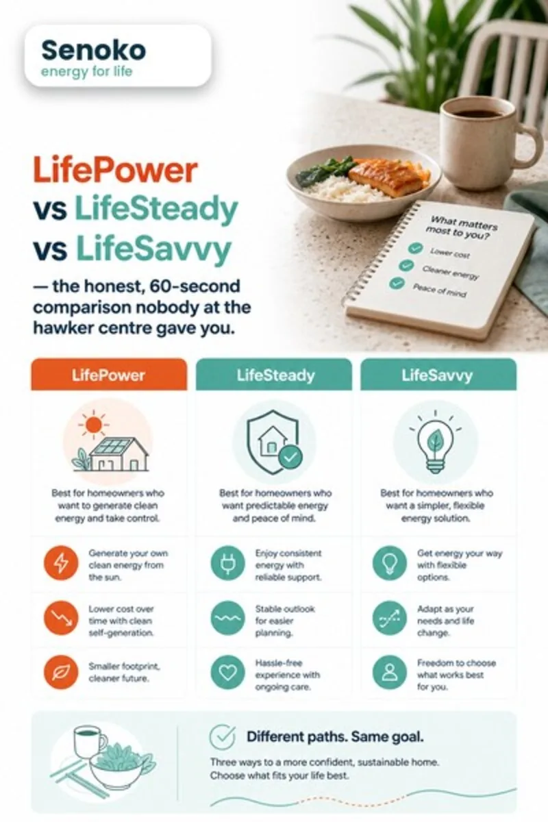 Konsep kreatif Senoko P3-M-01, suasana meja sarapan dengan telefon yang memaparkan perbandingan pelan, bertajuk "LifePower vs LifeSteady vs LifeSavvy — perbandingan jujur dalam 60 saat yang tidak pernah diberikan sesiapa di hawker centre kepada anda," daripada konsep peringkat pertimbangan Mitos Tenaga & Rumah Harian untuk persona Holistic Wellness Voyager