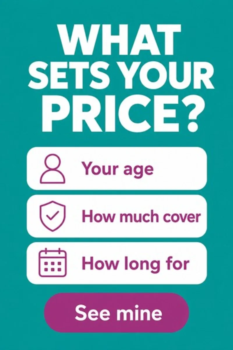 ไทล์คอนเซปต์ MOFU ของ Reassured: พาดหัว 'What Sets Your Price?' พร้อมปัจจัยสามข้อ ได้แก่ อายุของคุณ วงเงินคุ้มครอง และระยะเวลาคุ้มครอง และปุ่ม 'See mine'