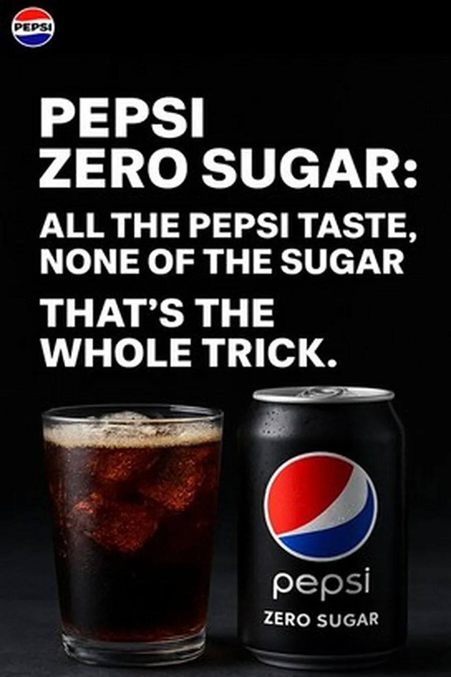 Jubin konsep MOFU Pepsi India P2-M-01, Pilar 2: segelas dan sekaleng Pepsi Zero Sugar bersebelahan, tajuk 'Pepsi Zero Sugar: semua rasa Pepsi, tanpa gula - itulah helahnya.'
