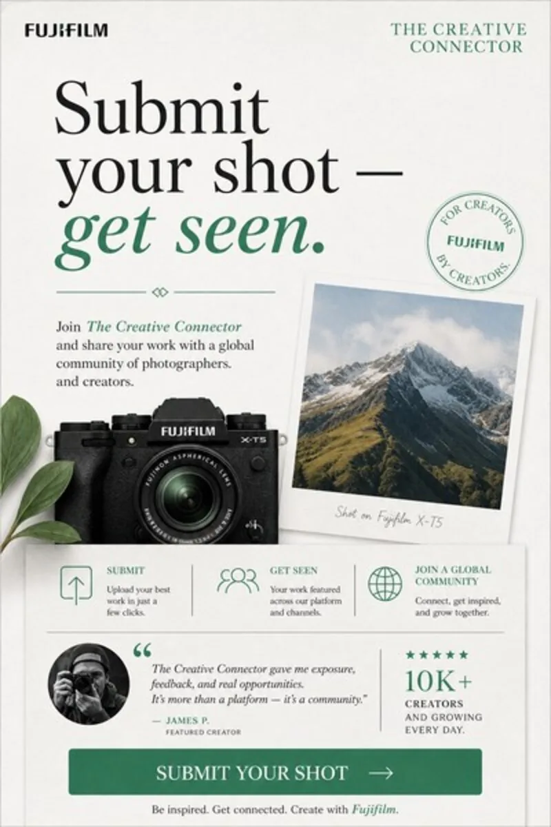 ไทล์คอนเซปต์ BOFU ของ Fujifilm: กล้องบนโต๊ะพร้อมคำกระตุ้นให้ส่งภาพของคุณ พาดหัว ‘Submit your shot, get seen’