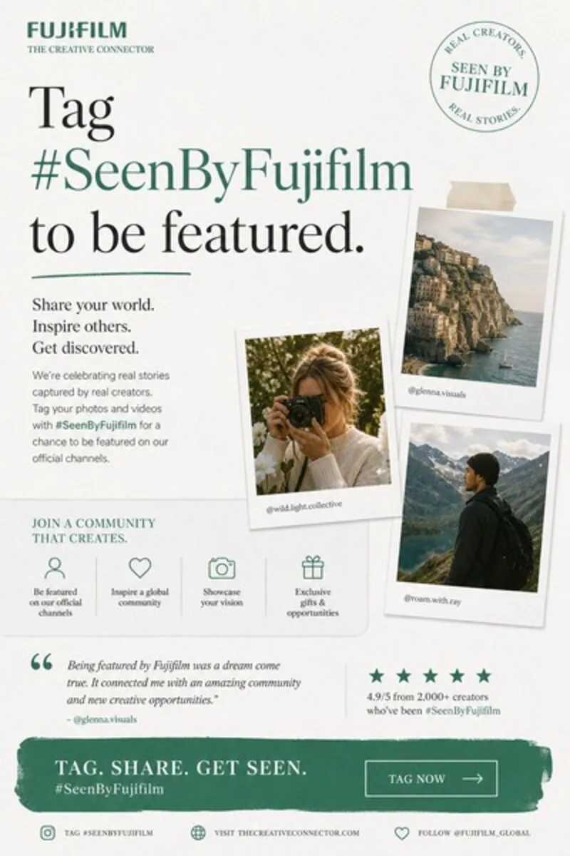 ไทล์คอนเซปต์ BOFU ของ Fujifilm: ภาพถ่ายสองใบติดเทปเหมือนโพลารอยด์บนพื้นผิวกระดาษฉีก พาดหัว ‘Tag #SeenByFujifilm to be featured’