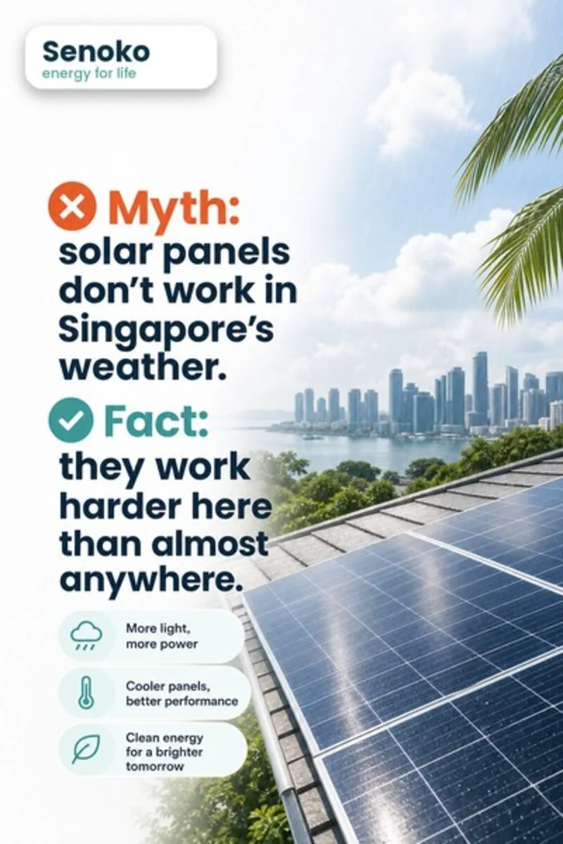 Konsep kreatif Senoko P1-T-03, garis langit Singapura dengan panel solar di atas bumbung di bawah langit yang separa berawan, bertajuk "Mitos: panel solar tidak berfungsi dalam cuaca Singapura. Fakta: ia berfungsi lebih gigih di sini berbanding hampir mana-mana tempat lain," daripada konsep peringkat kesedaran Penjagaan Alam Sekitar & Pemuliharaan untuk persona The Nature-Seeker