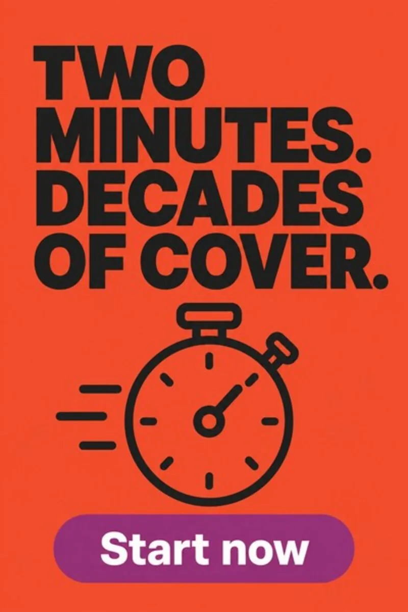 ไทล์คอนเซปต์ BOFU ของ Reassured: ไอคอนนาฬิกาจับเวลา พาดหัว 'Two Minutes. Decades Of Cover.' และปุ่ม 'Start now'