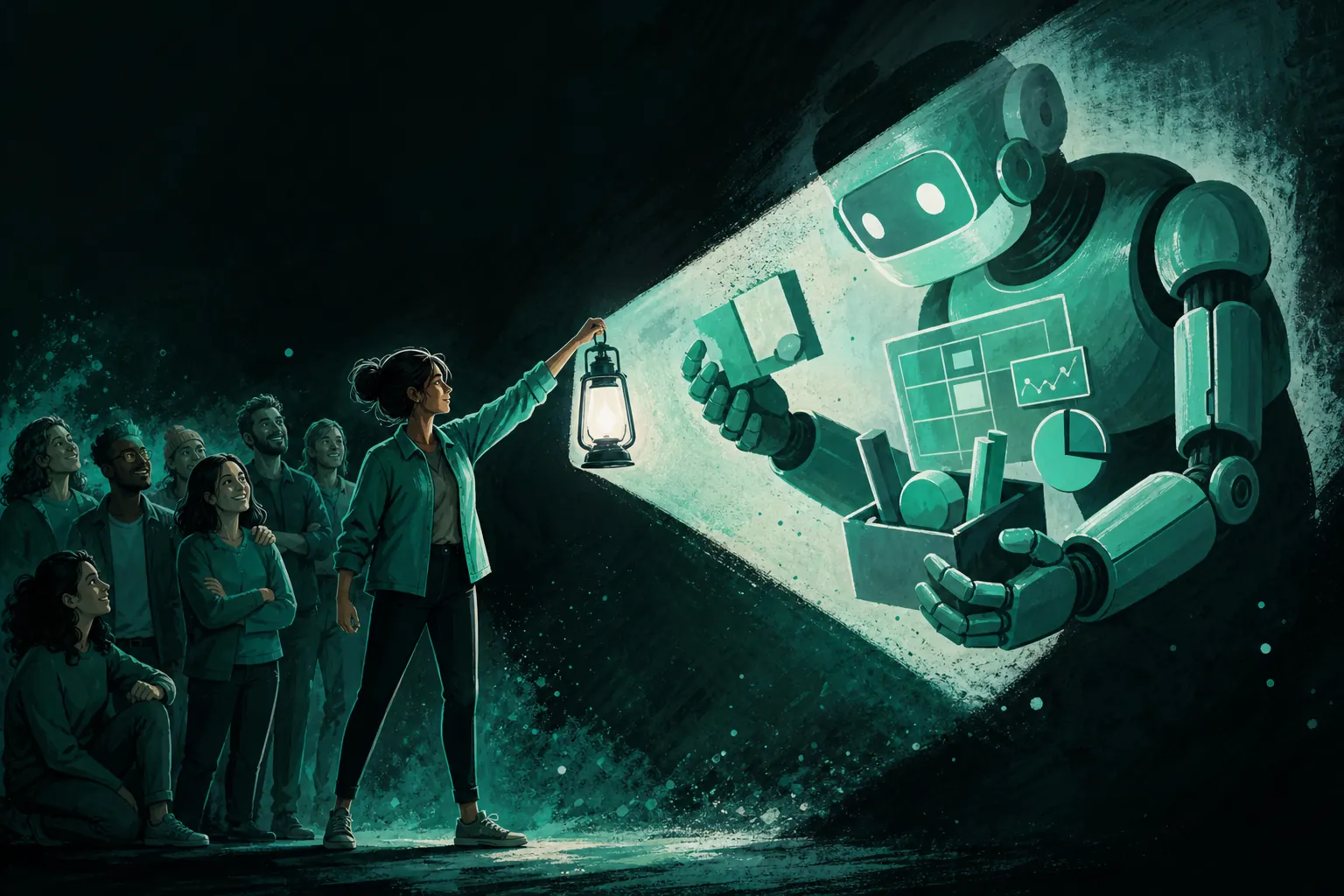 A marketer with a lantern lights up a teal robot holding charts and briefs: the agentic marketing team