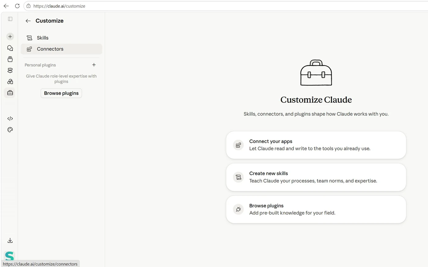 Claude's Customize page, where plugins, skills and connectors are added