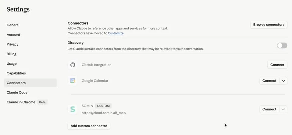 Claude connector settings with SOMIN added as a custom connector and a Connect button